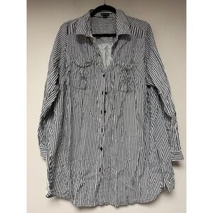 New Directions Curvy 1X Black White Stripe Button Down Shirt‎ Tunic Rayon